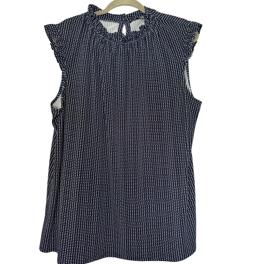 Adrianna Papell Women's Navy White Polka Dot 1XL Ruffle Neck Flutter Sleeve Top